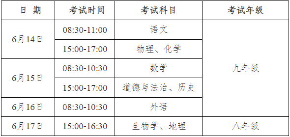 安徽2024年中考考試時(shí)間安排