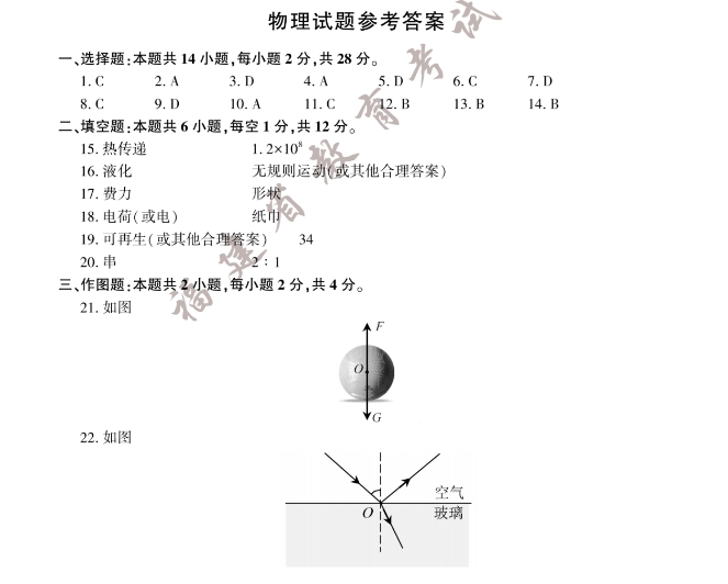 2023年福建省中考物理真題答案