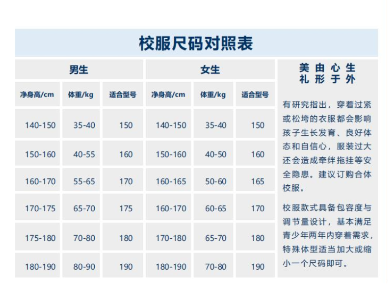 校服尺碼對照表