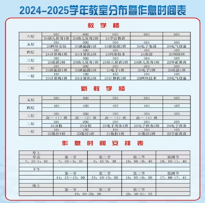 福建省霞浦職業(yè)中專學(xué)校2024級(jí)教室分布及作息表