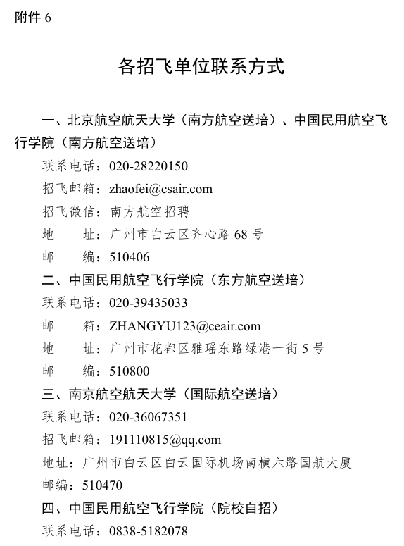各招飛單位聯(lián)系方式1