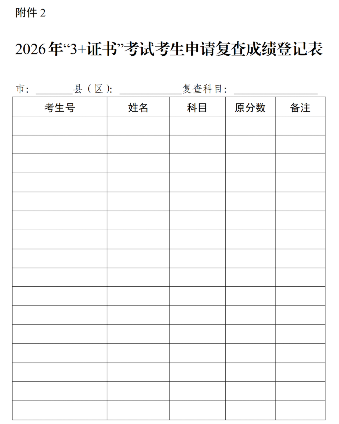 2026年“3+證書(shū)”考試考生申請(qǐng)復(fù)查成績(jī)登記表